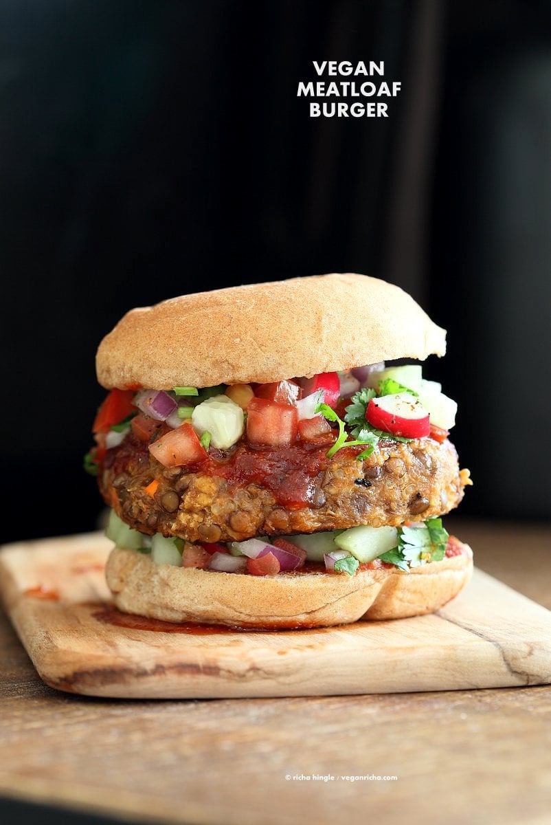 Lentil Quinoa Meatloaf Burgers. Lentil Quinoa Burger patties with bbq glaze. Easy "Meatloaf" Burgers. Serve as burgers with buns or as patties over a salad. Vegan Nut-free Recipe | VeganRicha.com