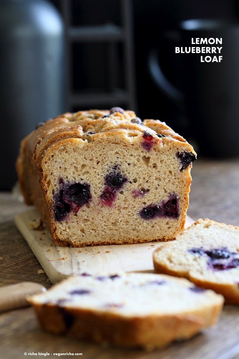 Vegan Lemon Blueberry Cake Recipe. This zesty Blueberry Lemon Pound Cake is dense and full of flavor. Use other berries in this Vegan Pound Cake Recipe. Non Dairy Yogurt Pound Cake Loaf with lemon and blueberries. 15 min prep and done. | VeganRicha.com