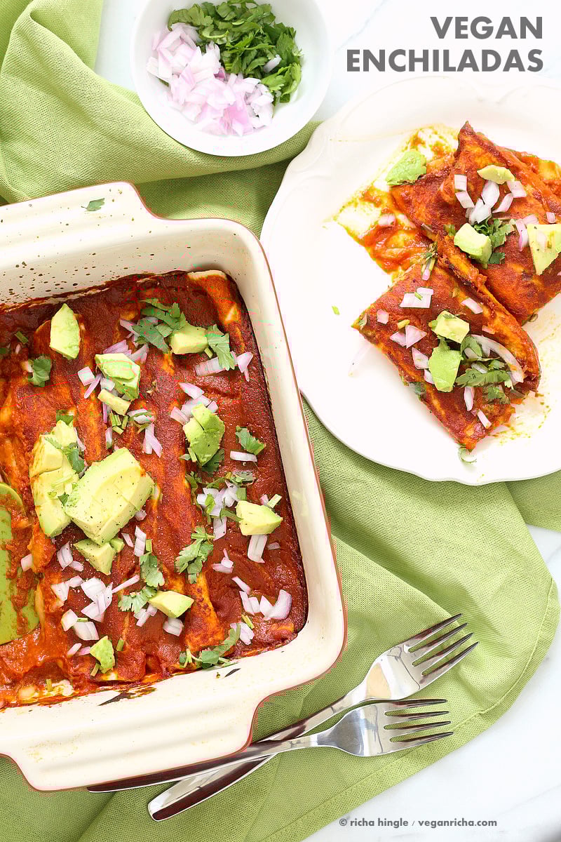 Vegan Enchiladas Recipe. Easy Enchilada Recipe with Blender Enchilada Sauce, soft tortillas filled with Black beans and Lentils. Vegan Soy-free Recipe. Can be Gluten-free. Ready within 1 Hour. | VeganRicha.com