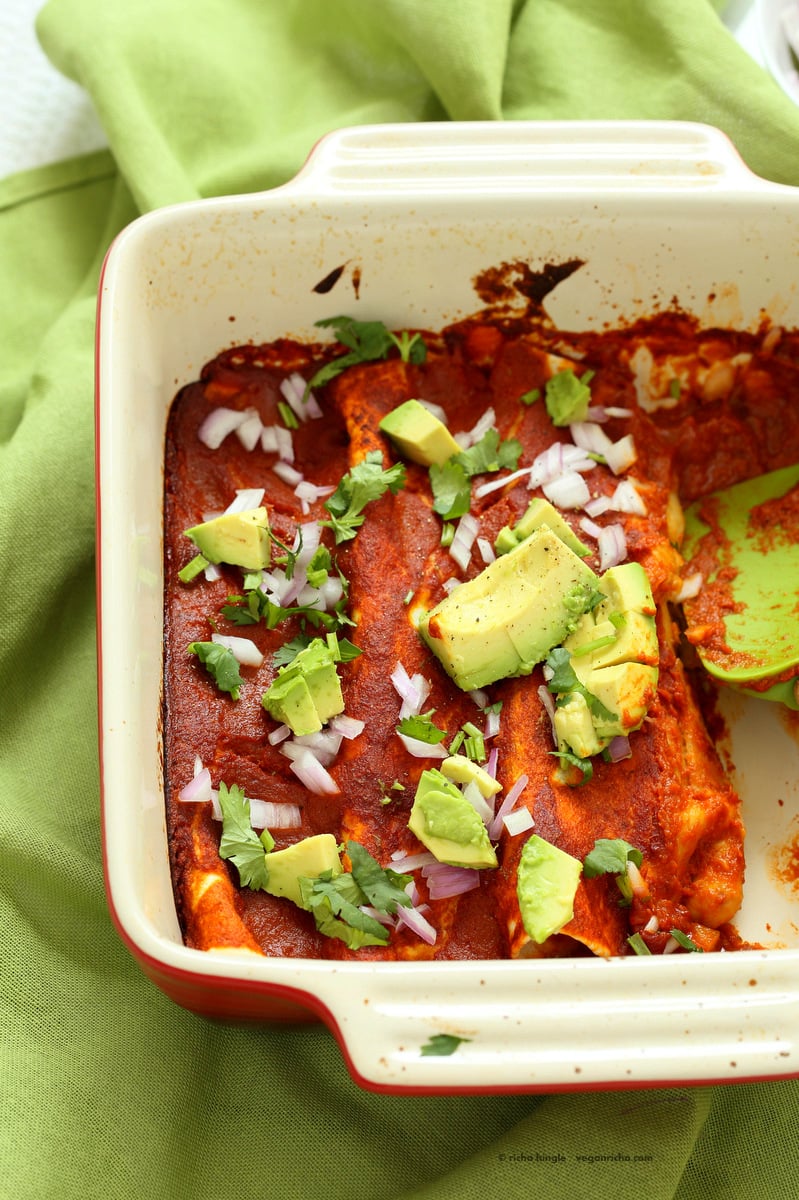 Vegan Enchiladas Recipe. Easy Enchilada Recipe with Blender Enchilada Sauce, soft tortillas filled with Black beans and Lentils. Vegan Soy-free Recipe. Can be Gluten-free. Ready within 1 Hour. | VeganRicha.com