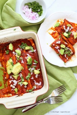 Vegan Enchiladas Recipe. Easy Enchilada Recipe with Blender Enchilada Sauce, soft tortillas filled with Black beans and Lentils. Vegan Soy-free Recipe. Can be Gluten-free. Ready within 1 Hour. | VeganRicha.com