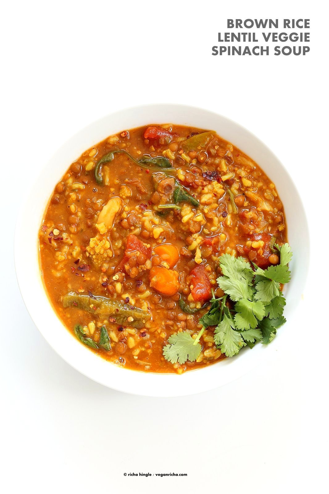 Lentil Brown Rice Soup. Easy 1 pot Lentil Rice Soup with Spinach or greens of choice. 20 minutes active time then let everything simmer. Serve with crackers, papadum or grilled vegan cheese sandwiches. Vegan Gluten-free Soy-free Recipe | VeganRicha.com