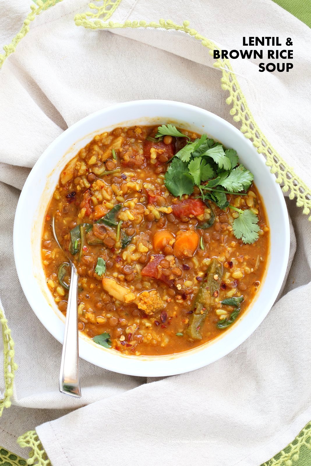 Lentil Brown Rice Soup. Easy 1 pot Lentil Rice Soup with Spinach or greens of choice. 20 minutes active time then let everything simmer. Serve with crackers, papadum or grilled vegan cheese sandwiches. Vegan Gluten-free Soy-free Recipe | VeganRicha.com