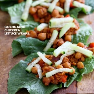 Sweet Spicy Gochujang Chickpea Lettuce Wraps. Easy Wraps with Korean Gochujang Sauce with Chickpeas. Use lentils, white beans or other beans for variation. Serve as lettuce wraps or in tacos or top a salad bowl. Vegan Gluten-free Recipe. | VeganRicha.com #vegan #glutenfree #veganricha