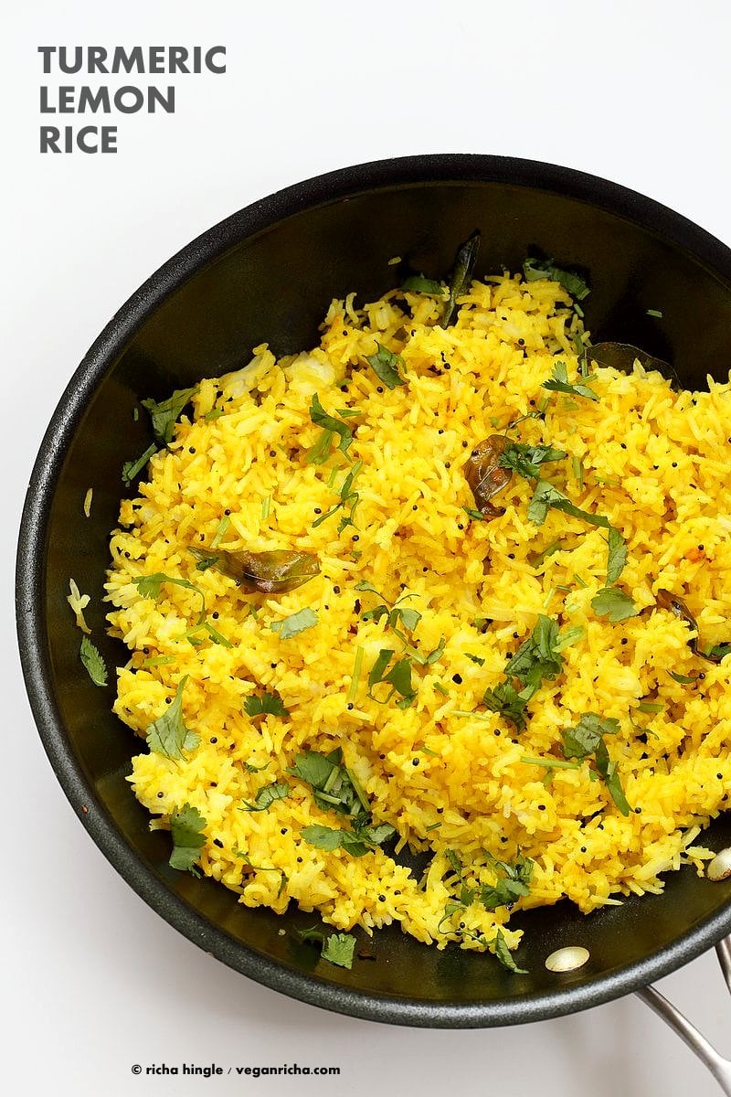 Turmeric Lemon Rice Recipe. Golden Rice with turmeric, lemon and mustard seeds. Use cooked brown rice, quinoa or millet or couscous for variation. Easy side. Vegan Gluten-free Soy-free Recipe | VeganRicha.com