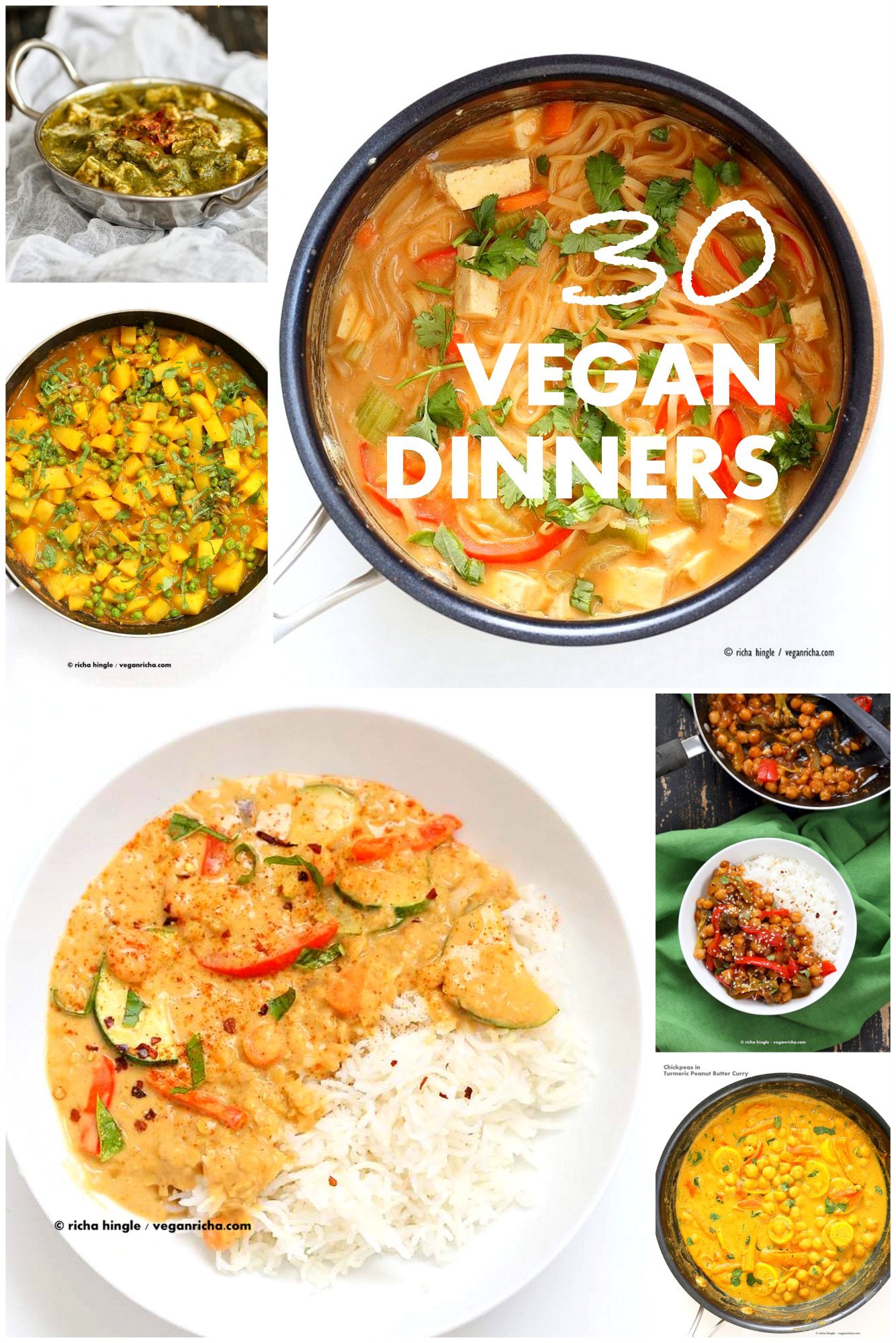Easy Weeknight Vegan Dinner Recipes for quick and flavorful meals. 1 pot Peanut Sauce noodles, Pb Lentils, Bombay Potatoes. Gluten-free and Soy-free Options | VeganRicha.com