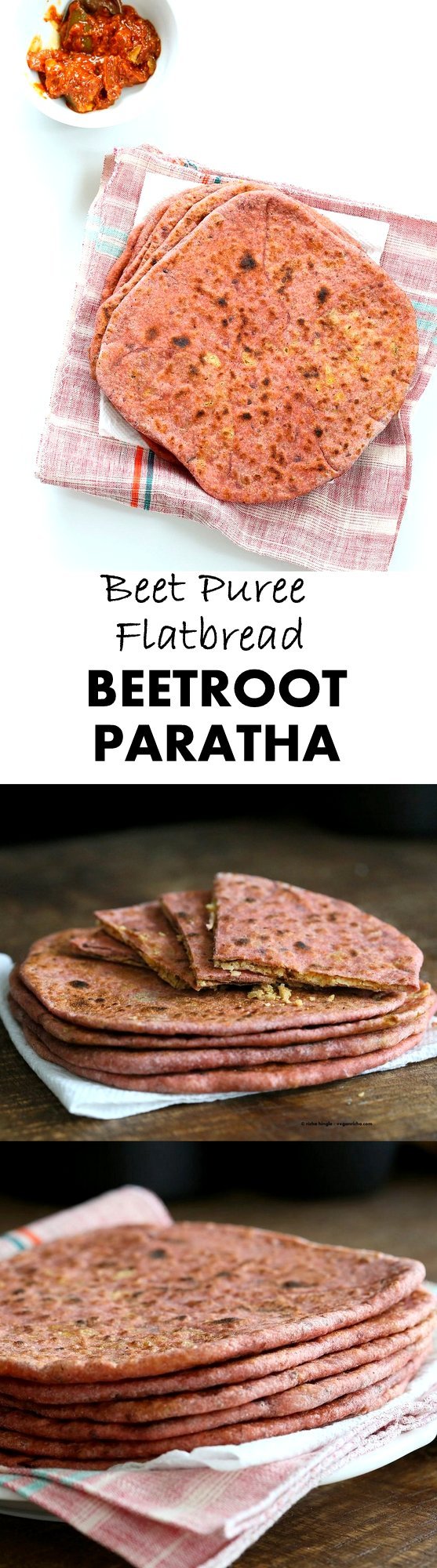 Beetroot Paratha - Beet Puree and Aquafaba flatbread Stuffed with Split Peas. Easy Pink flatbread stuffed with spiced split peas or chickpeas. #Vegan #Soyfree #Recipe | VeganRicha.com