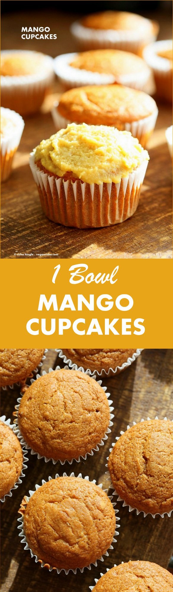 One Bowl Vegan Mango Cupcakes. Easy Mango Cupcake or Cake Recipe. Whisk up the dry ingredients. Add in mango puree and bake. Easy tropical cupcakes. Frost with frosting of choice. #Vegan #cake #mango #Recipe | VeganRicha.com