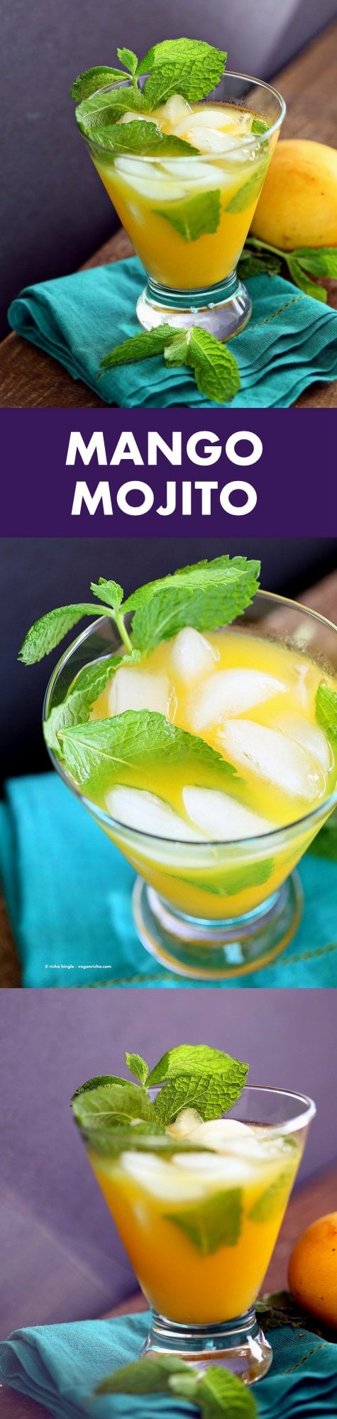 Easy Refreshing Mango Mojito Recipe. Make this mojito with or without the alcohol. Refreshing mint and lime and sweet Summery Mango make this a perfect drink for any outdoor event. Vegan Recipe | VeganRicha.com