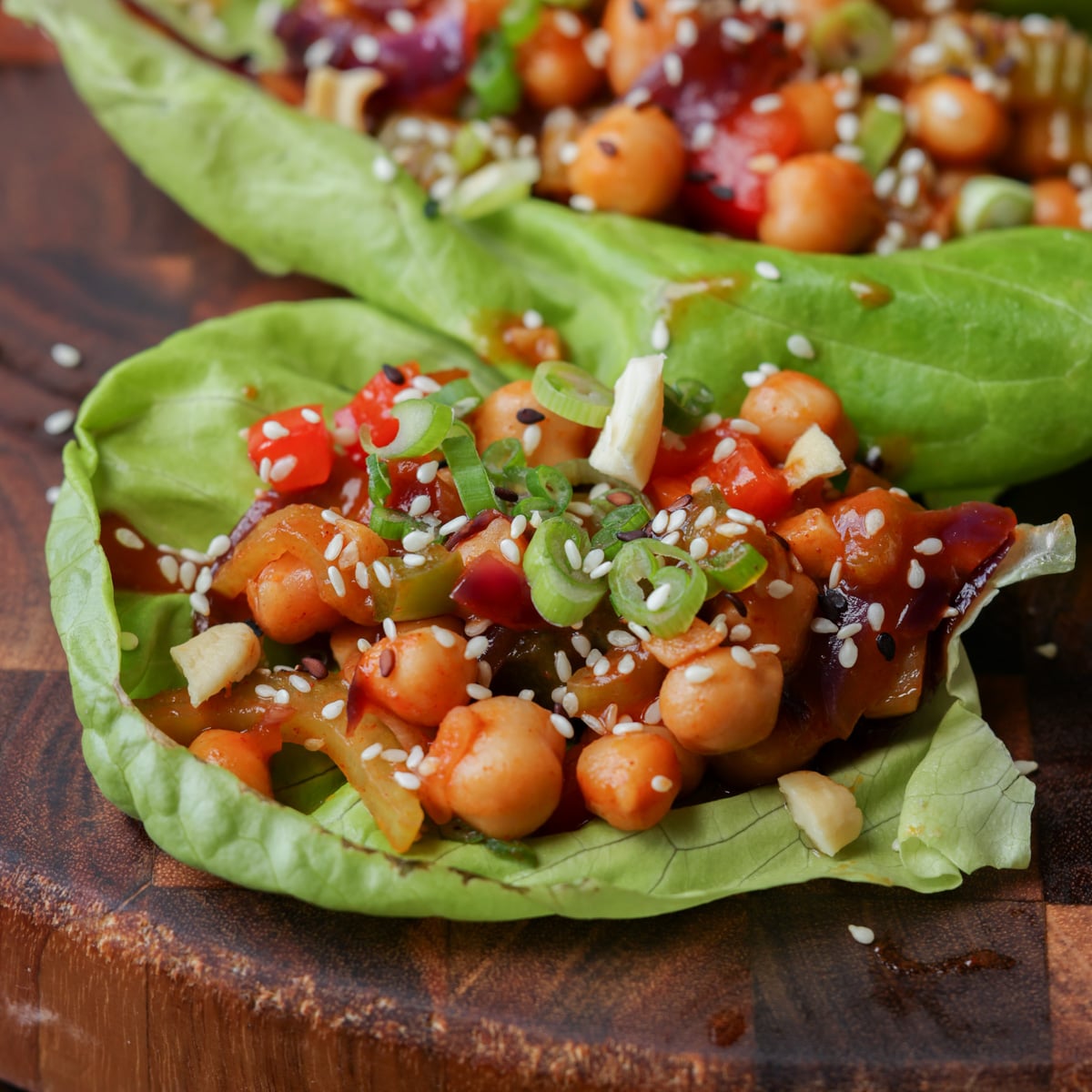 gochujang chickpeas lettuce wraps on the cutting board