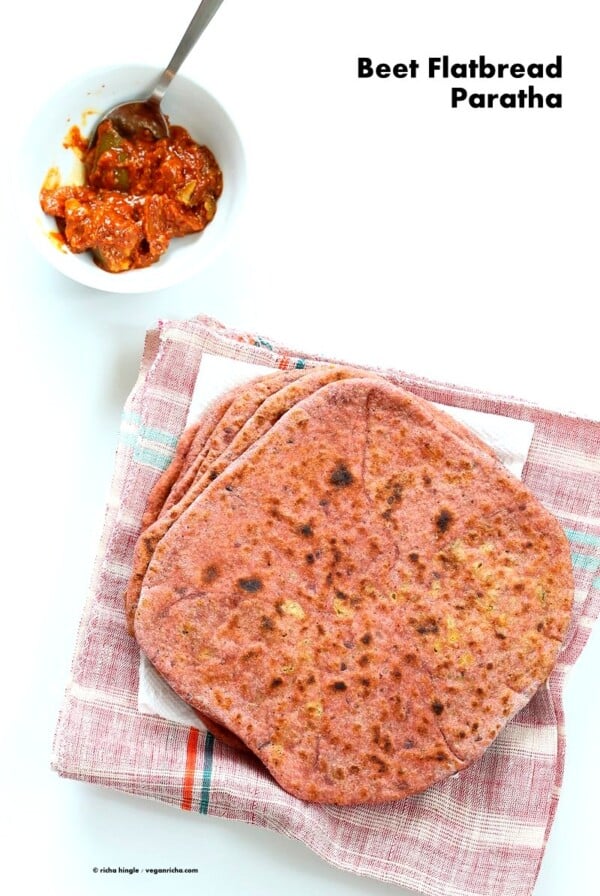 Beetroot Paratha - Beet flatbread Stuffed with Split Peas. Easy Pink flatbread stuffed with spiced split peas or chickpeas. Vegan Recipe. | VeganRicha.com #vegan #glutenfree #veganricha