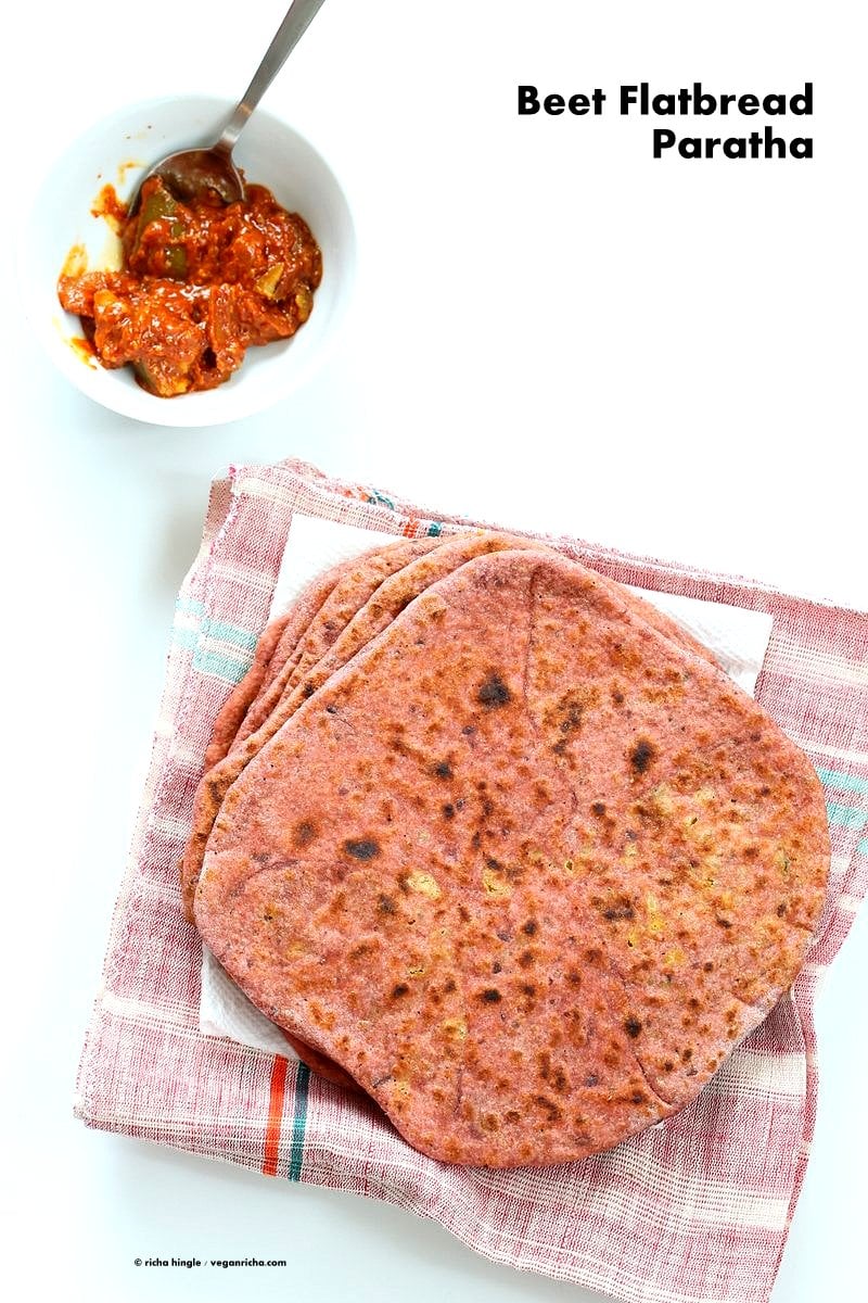 Beetroot Paratha - Beet flatbread Stuffed with Split Peas. Easy Pink flatbread stuffed with spiced split peas or chickpeas. Beet Pure, Aquafab, flour make the flatbread Paratha. Vegan Yeast-free flatbread Recipe | VeganRicha.com
