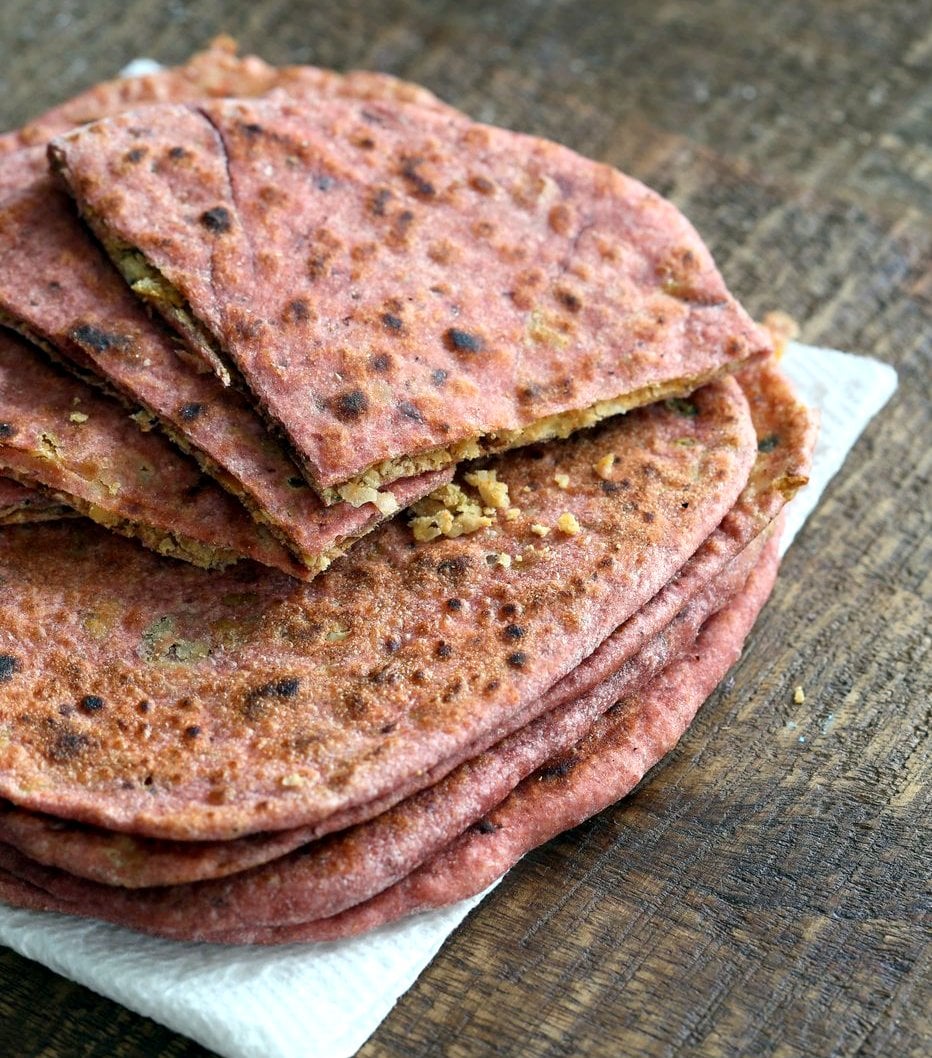 Beetroot Paratha - Beet flatbread Stuffed with Split Peas. Easy Pink flatbread stuffed with spiced split peas or chickpeas. Vegan Recipe. | VeganRicha.com