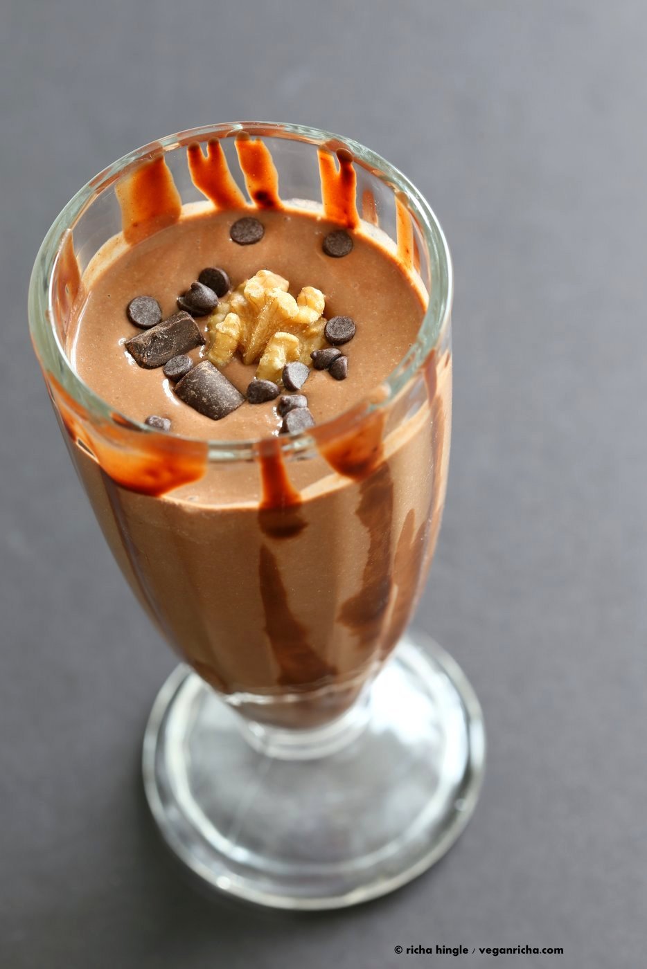 Brownie Batter Orange Chia Shake. Zesty Chocolate Chia Smoothie to start the day or to snack on this summer. Blend chocolate chips, non dairy milk, chia with or without zest, chill and serve. Vegan Glutenfree Soyfree Recipe. | VeganRicha.com