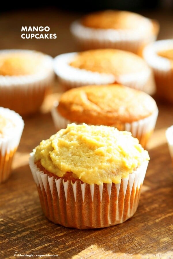 One Bowl Vegan Mango Cupcakes. Easy Mango Cupcake or Cake Recipe. Whisk up the dry ingredients. Add in mango puree and bake. Easy tropical cupcakes. Frost with frosting of choice. Vegan Recipe | VeganRicha.com #vegan #glutenfree #veganricha