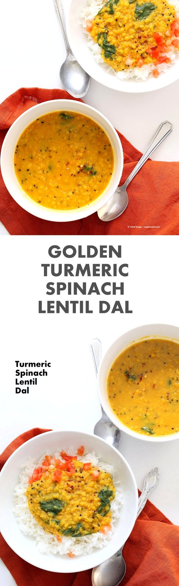 Turmeric Spinach Lentil Dal - Red Lentil Soup. Easy Lentil Soup with turmeric and greens. No garlic no onion Dhal. Golden Lentil Dal. #Vegan #Glutenfree #Soyfree #Recipe.| VeganRicha.com