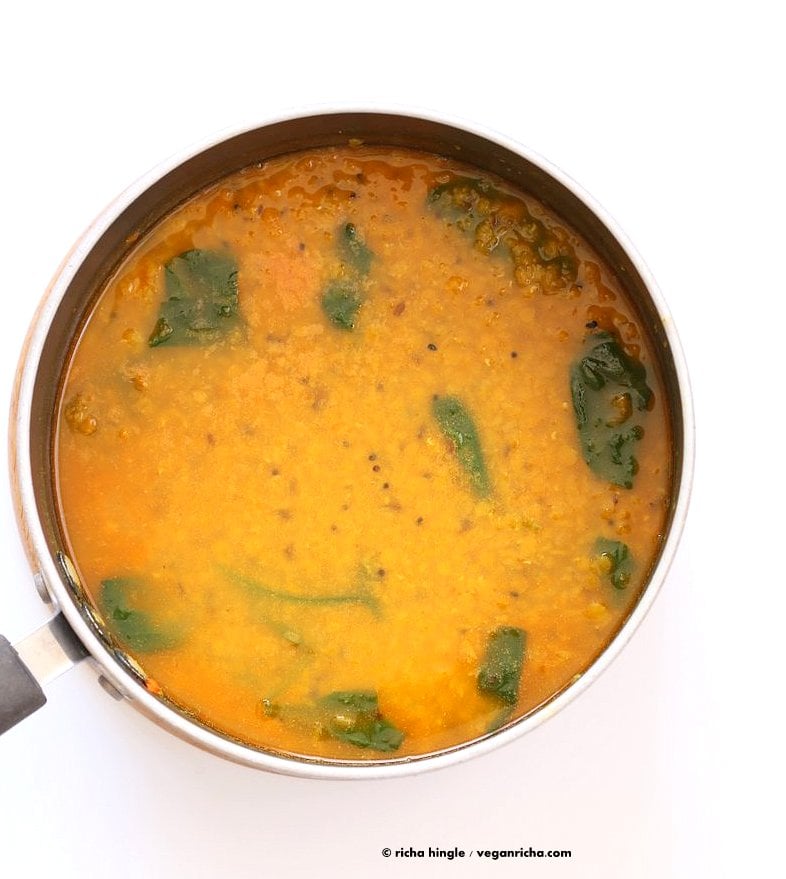 Turmeric Spinach Lentil Dal - Red Lentil Soup. Easy Lentil Soup with turmeric and greens. No garlic no onion Dhal. Golden Lentil Dal. Vegan Gluten-free Soy-free Recipe.| VeganRicha.com