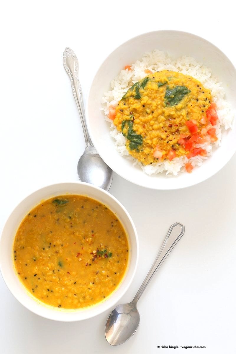 Turmeric Spinach Lentil Dal - Red Lentil Soup. Easy Lentil Soup with turmeric and greens. No garlic no onion Dhal. Golden Lentil Dal. Vegan Gluten-free Soy-free Recipe.| VeganRicha.com