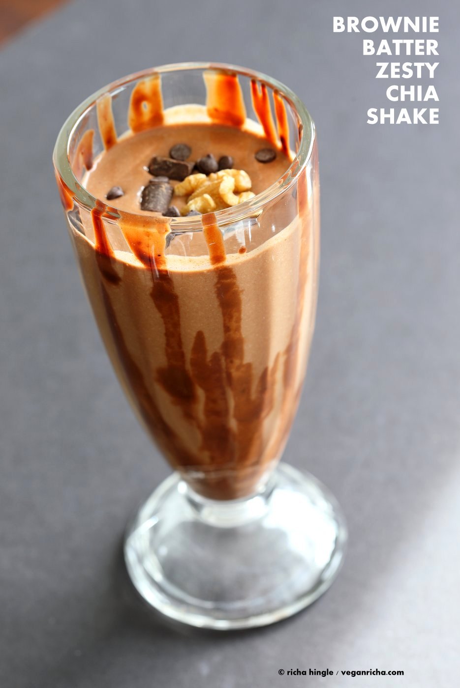 Brownie Batter Orange Chia Shake. Zesty Chocolate Chia Smoothie to start the day or to snack on this summer. Blend chocolate chips, non dairy milk, chia with or without zest, chill and serve. Vegan Glutenfree Soyfree Recipe. | VeganRicha.com