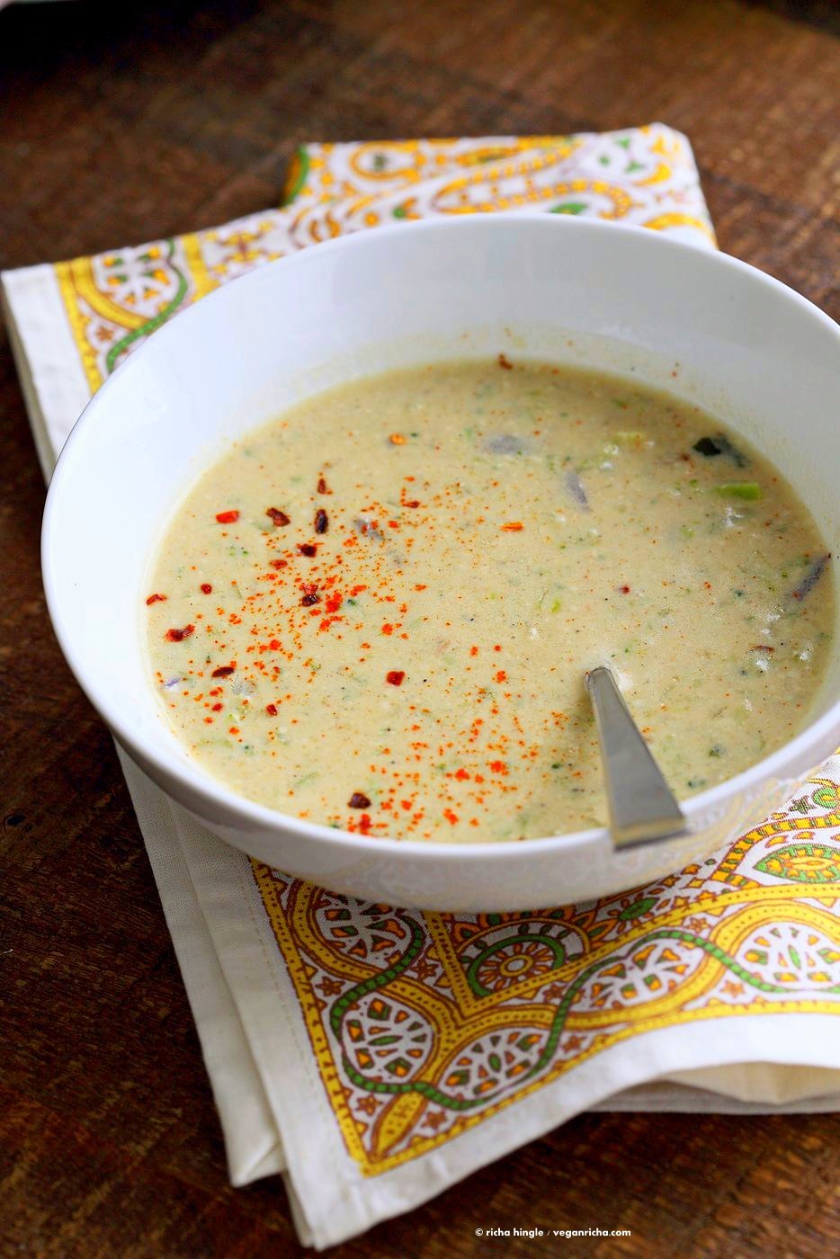 Easy Spiced Creamy Broccoli Soup. Shredded broccoli cooked with spices, basil and a creamy cashew sauce. Vegan Gluten-free Recipe. | VeganRicha.com