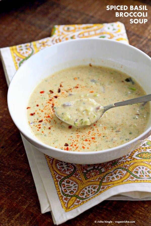 Easy Spiced Creamy Broccoli Soup. Shredded broccoli cooked with spices, basil and a creamy cashew sauce. Vegan Gluten-free Recipe. | VeganRicha.com #vegan #glutenfree #veganricha