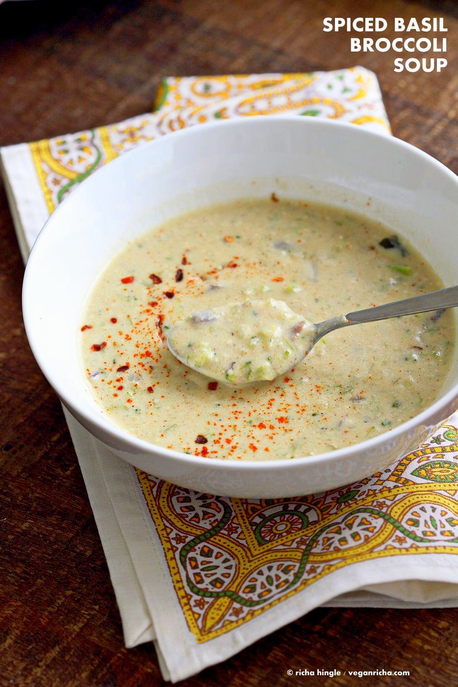 Easy Spiced Creamy Broccoli Soup. Shredded broccoli cooked with spices, basil and a creamy cashew sauce. Vegan Gluten-free Recipe. | VeganRicha.com #vegan #glutenfree #veganricha