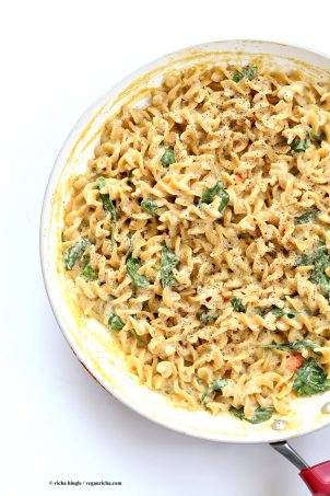 Pumpkin Seed Alfredo Fusilli. Nut-free Vegan Alfredo Recipe. Easy cashew free alfredo sauce with pasta. Vegan Recipe | VeganRicha.com