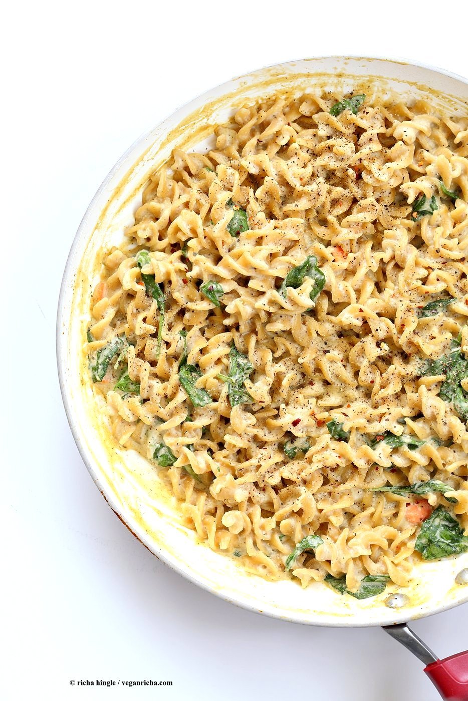 Pumpkin Seed Alfredo Fusilli. Nut-free Vegan Alfredo Recipe. Easy cashew free alfredo sauce with pasta. Vegan Recipe | VeganRicha.com