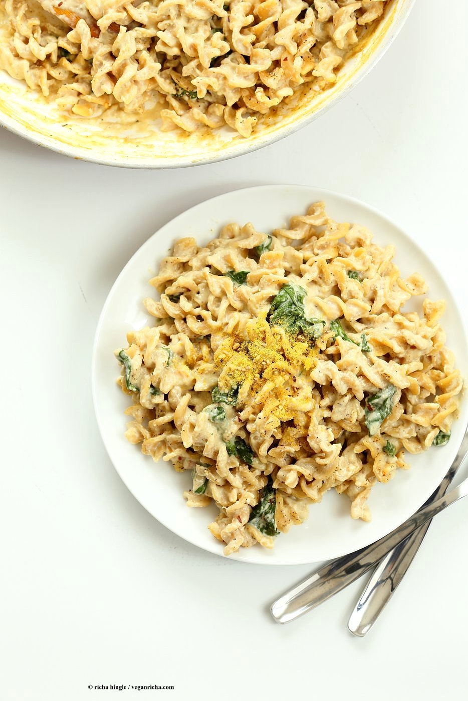 Pumpkin Seed Alfredo Fusilli. Nut-free Vegan Alfredo Recipe. Easy cashew free alfredo sauce with pasta. Vegan Recipe | VeganRicha.com