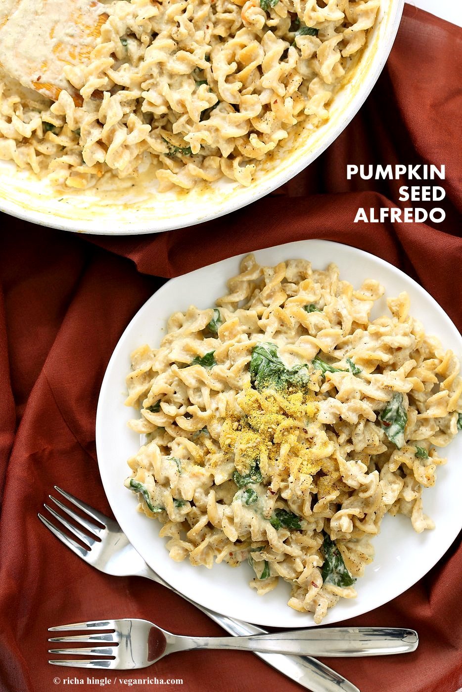 Pumpkin Seed Alfredo Fusilli. Nut-free Vegan Alfredo Recipe. Easy cashew free alfredo sauce with pasta. Vegan Recipe | VeganRicha.com