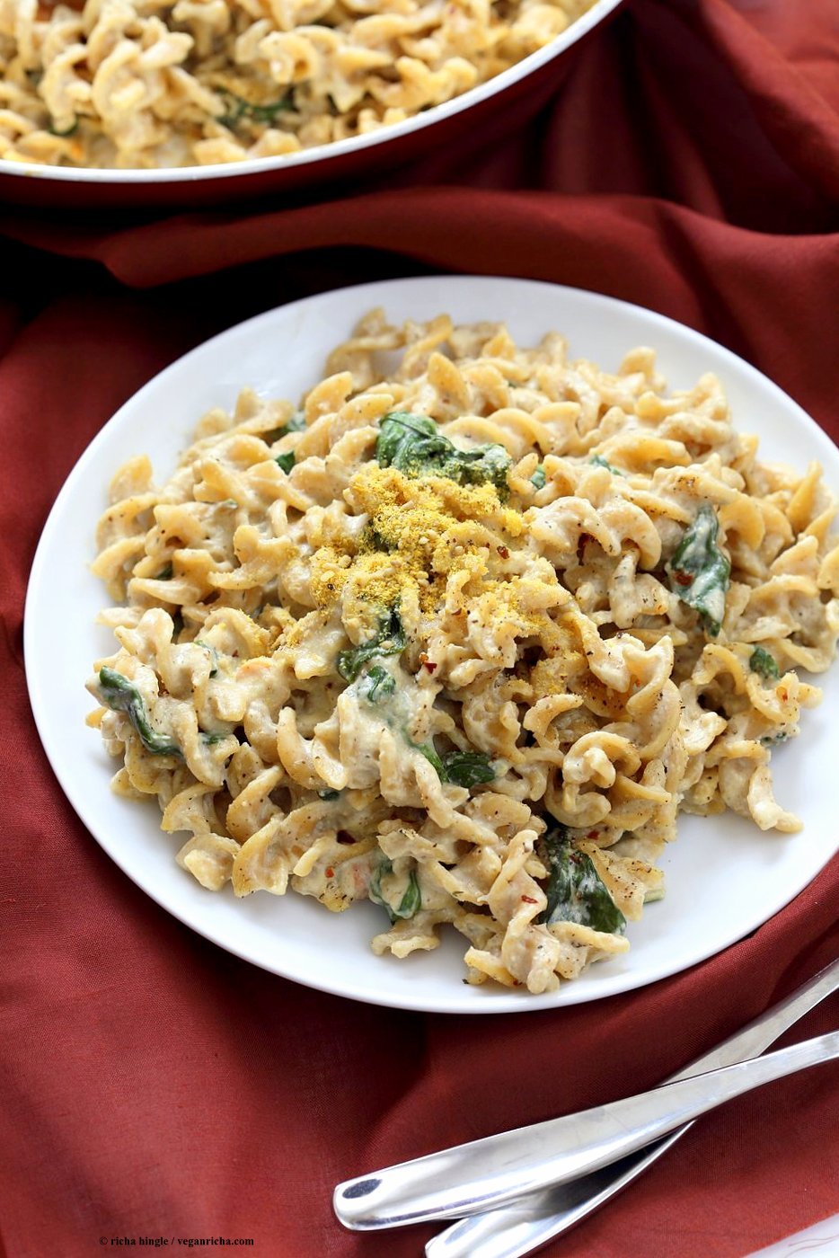 Pumpkin Seed Alfredo Fusilli. Nut-free Vegan Alfredo Recipe. Easy cashew free alfredo sauce with pasta. Vegan Recipe | VeganRicha.com