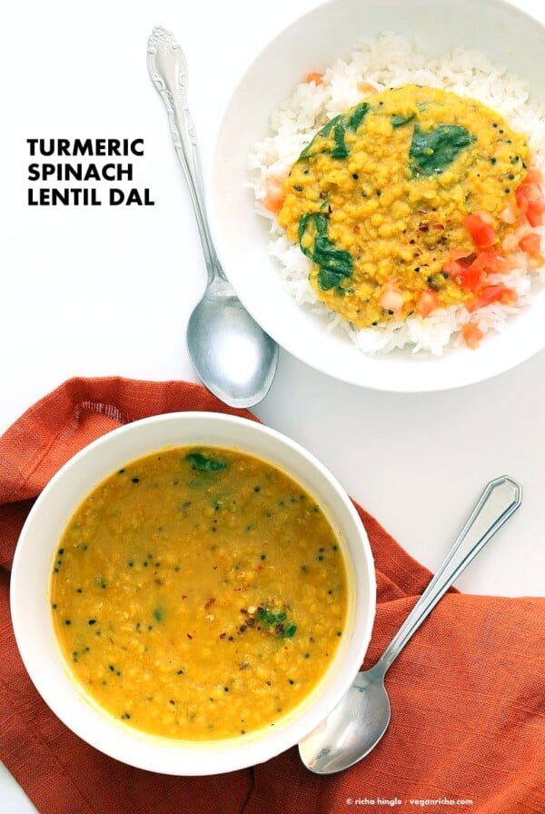 Turmeric Spinach Lentil Dal - Red Lentil Soup. Easy Lentil Soup with turmeric and greens. No garlic no onion Dhal. Golden Lentil Dal. Vegan Gluten-free Soy-free Recipe.| VeganRicha.com #vegan #glutenfree #veganricha