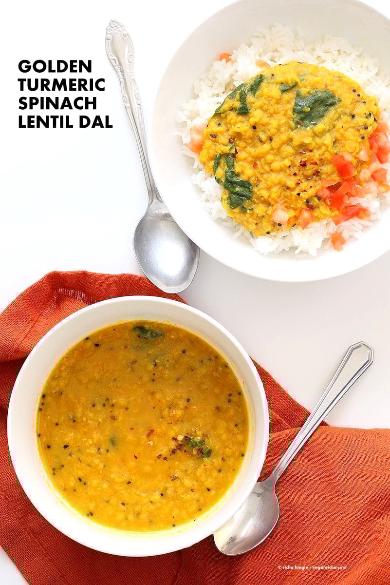 Turmeric Spinach Golden Lentil Dal - Red Lentil Soup. Easy Lentil Soup with turmeric and greens. No garlic no onion Dhal. Golden Lentil Dal. Vegan Gluten-free Soy-free Recipe.| VeganRicha.com