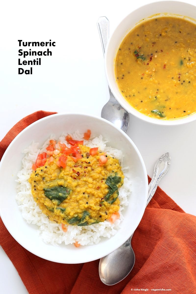 Turmeric Spinach Lentil Dal - Red Lentil Soup. Easy Lentil Soup with turmeric and greens. No garlic no onion Dhal. Golden Lentil Dal. Vegan Gluten-free Soy-free Recipe.| VeganRicha.com