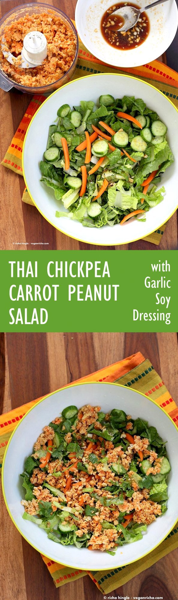 Thai Salad with Chickpea Carrot Crumble & Garlic Sesame Soy Sauce Dressing. Crunchy Summer Salad with Ginger Chickpea Carrot crumble and garlicky dressing. Use lentils for variation. Add roasted peanut or other nuts. Vegan Gluten-free Recipe | VeganRicha.com