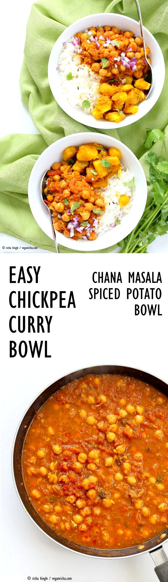 Easy Chickpea Curry Spiced Potato Bowl. Quick Chana Masala Chickpea Curry served with rice or cooked grains and 5 ingredient Spiced Potatoes. Vegan Gluten-free Soy-free Recipe | VeganRicha.com