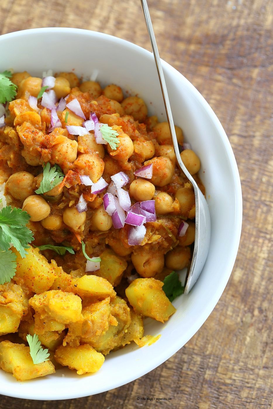 Easy Chickpea Curry Spiced Potato Bowl. Quick Chickpea Curry served with rice or cooked grains and 5 ingredient Spiced Potatoes. Vegan Gluten-free Soy-free Recipe | VeganRicha.com