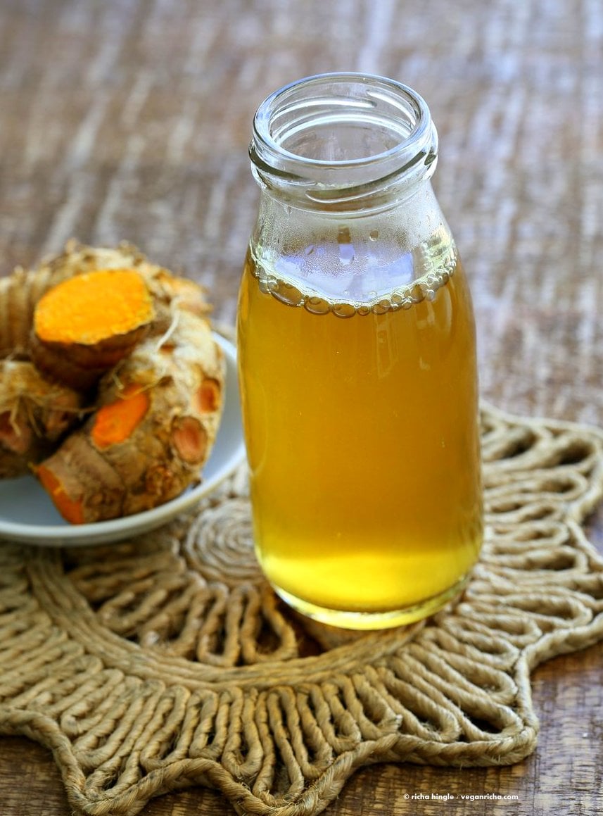 Ginger Turmeric Root Tea. Fresh Turmeric Root and ginger simmered with black pepper. Add sweetener of choice. Serve hot or chilled. Vegan Gluten-free Recipe | VeganRicha.com