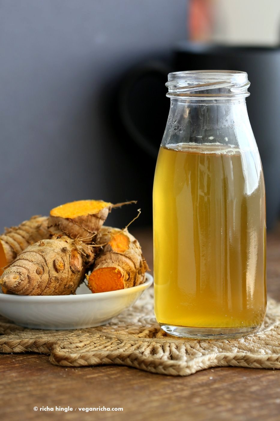 Ginger Turmeric Root Tea. Fresh Turmeric Root and ginger simmered with black pepper. Add sweetener of choice. Serve hot or chilled. Vegan Gluten-free Recipe | VeganRicha.com