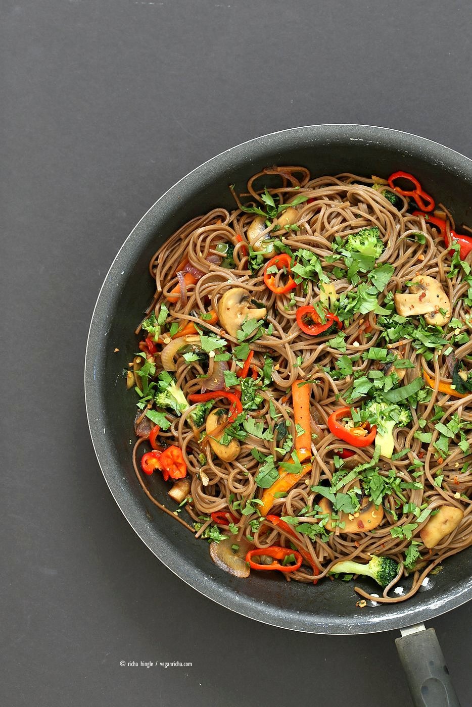 Easy Vegan Lo Mein with Soba Noodles. Ready in 20 minutes. Clean out the fridge Veggie Lo Mein Recipe with Soba Wheat Noodles. Use any noodles of choice. Vegan Nut-free Recipe. | VeganRicha.com