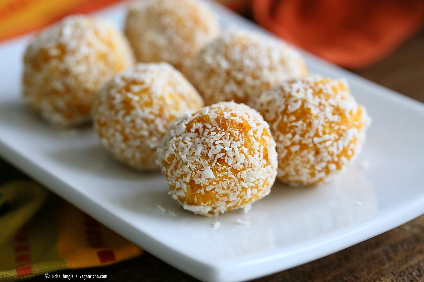 Mango Coconut Ladoo. Fudgy balls made with Mango Puree, Coconut and almond meal. Vegan gluten-free recipe. | VeganRicha.com