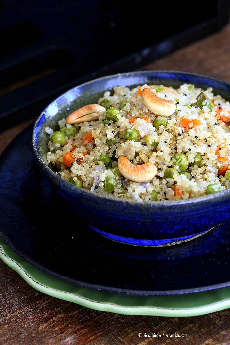 Quinoa Upma Recipe. Indian Savory Breakfast or Side with Quinoa with mustard seeds, toasted cashews, carrots and peas. Vegan Gluten-free Soy-free Recipe | VeganRicha.com