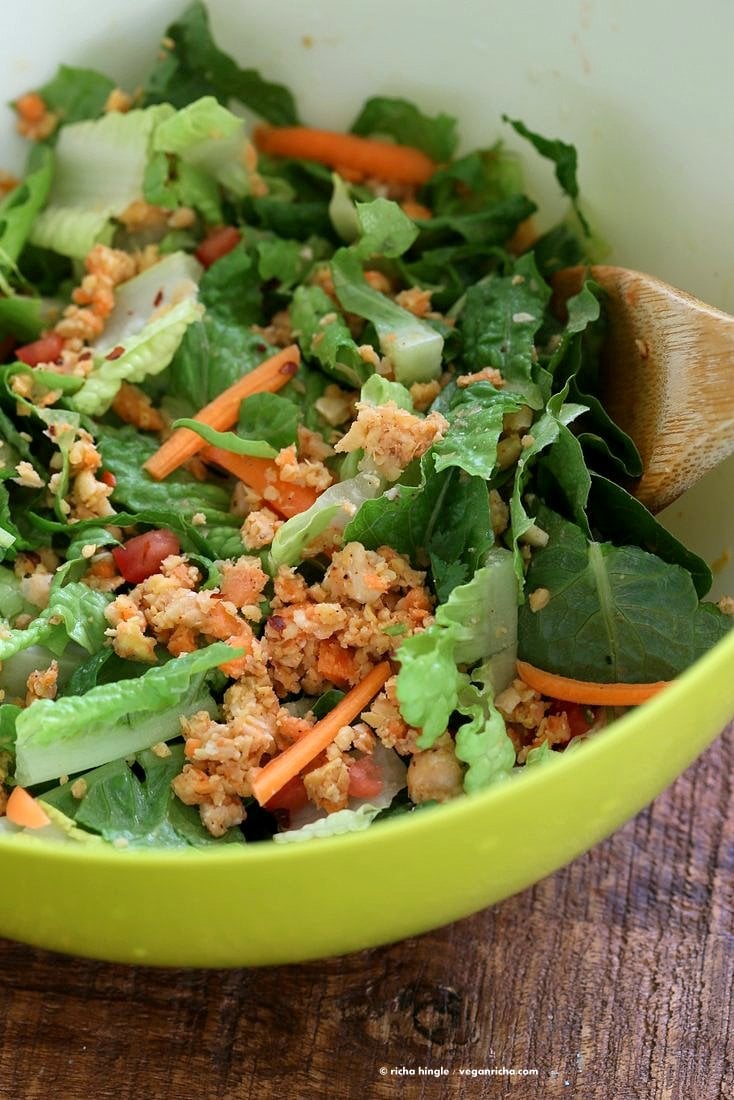 Thai Salad with Chickpea Carrot Crumble & Garlic Sesame Soy Sauce Dressing. Crunchy Summer Salad with Ginger Chickpea Carrot crumble and garlicky dressing. Use lentils for variation. Add roasted peanut or other nuts. Vegan Gluten-free Recipe | VeganRicha.com