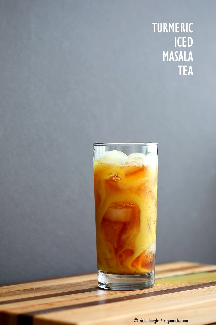 Cardamom Cinnamon Turmeric Iced Tea. Spiced Iced tea like Thai Iced tea with turmeric coconut milk and Indian masala chai spices and ginger. Golden Milk Iced Tea. Vegan Gluten-free Soy-free Recipe | VeganRicha.com