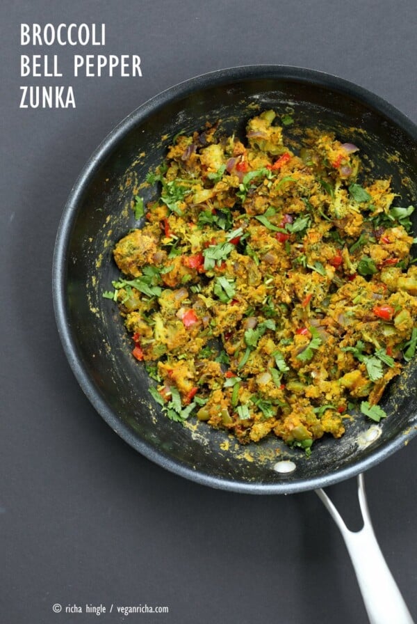 Broccoli Zunka Recipe - Broccoli & Bell Pepper with Spices, Chickpea flour. Broccoli Subzi Indian Veggie Side Recipe. Use spices of choice. Vegan Gluten-free Soy-free Recipe | VeganRicha.com #glutenfree #veganricha #vegan