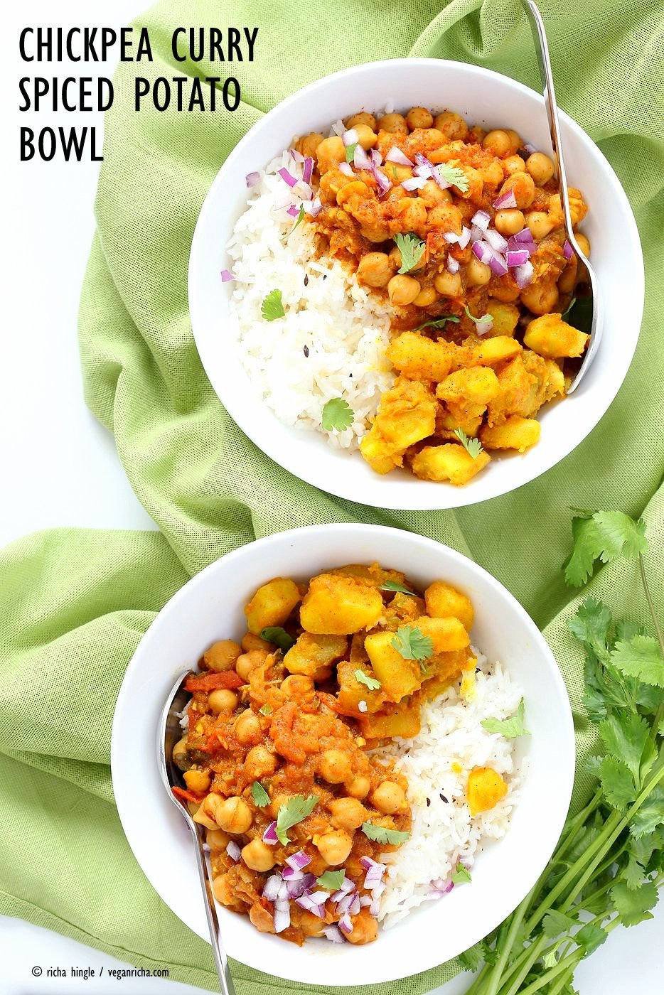 Easy Chickpea Curry Spiced Potato Bowl. 1 Pot Chickpea Curry Chana Masala served with rice or cooked grains and 5 ingredient Spiced Potatoes. Vegan Gluten-free Soy-free Recipe | VeganRicha.com