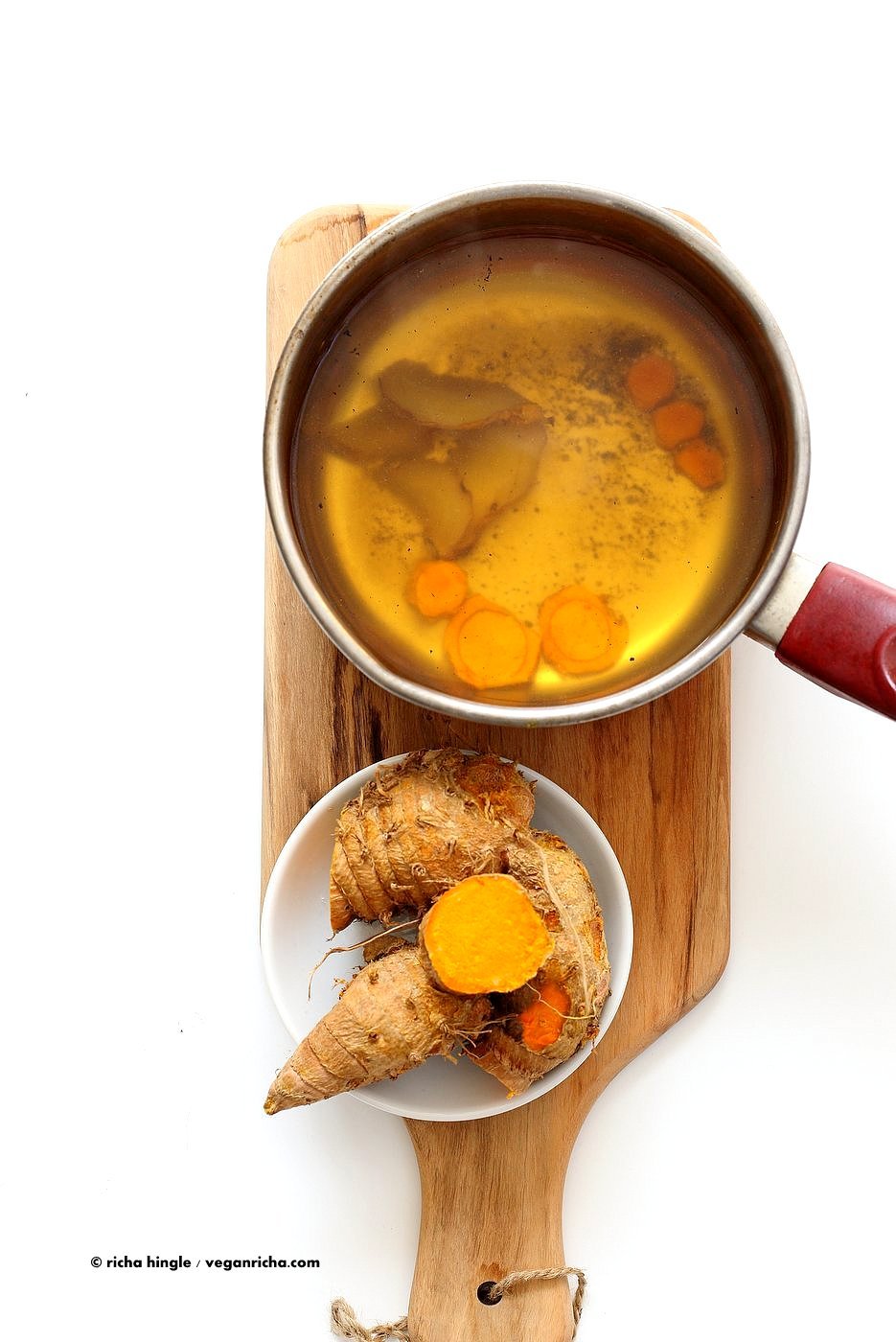 Ginger Turmeric Root Tea. Fresh Turmeric Root and ginger simmered with black pepper. Add sweetener of choice. Serve hot or chilled. Vegan Gluten-free Recipe | VeganRicha.com
