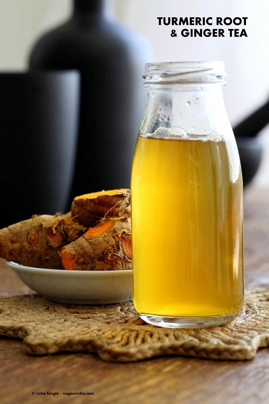 Ginger Turmeric Root Tea. Fresh Turmeric Root and ginger simmered with black pepper to make a soothing healing turmeric tonic. Add sweetener of choice. Serve hot or chilled. Vegan Gluten-free Recipe | VeganRicha.com