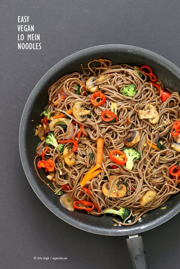 Easy Vegan Lo Mein with Soba Noodles. Ready in 20 minutes. Clean out the fridge Veggie Lo Mein Recipe with Soba Wheat Noodles. Use any noodles of choice. Vegan Nut-free Recipe. | VeganRicha.com #glutenfree #veganricha #vegan