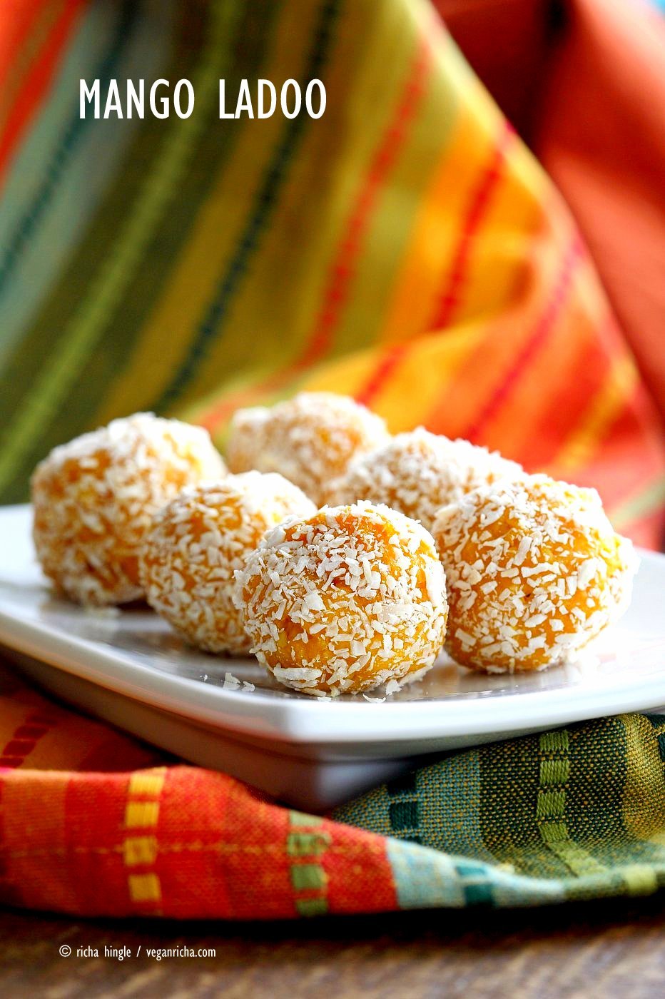 Mango Coconut Ladoo. Fudgy Mango balls made with Mango Puree, Coconut and almond meal. Vegan gluten-free recipe. Easy soy-free dessert or snack. #vegan #glutenfree #soyfree #dessert #recipe | VeganRicha.com